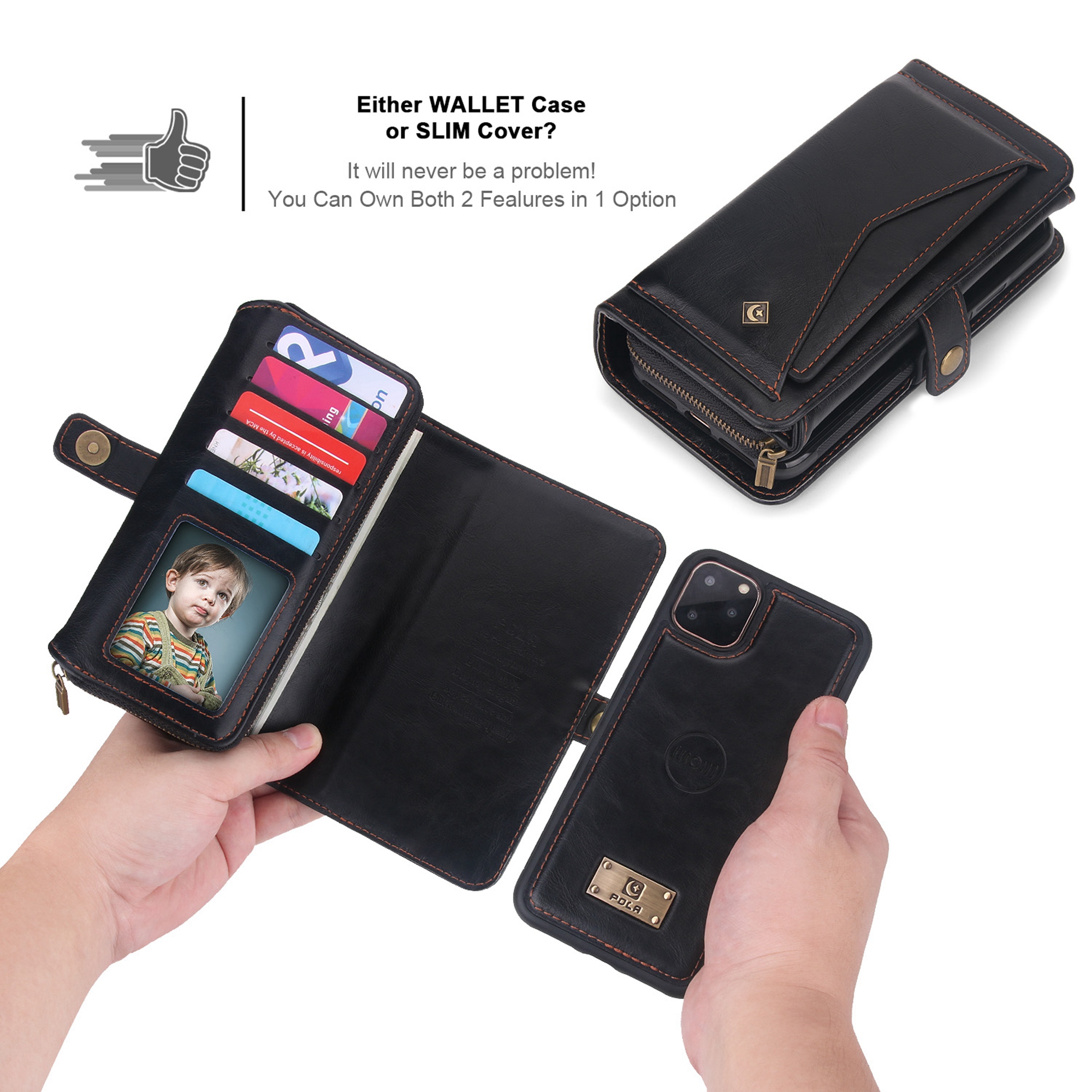 iPhone 11Pro Max 6.5 inch Wallet Case, Dteck 2 in 1 Leather Zipper Purse Multi-Function Tri-fold Wallet Case Detachable Magnetic Phone Cover with 14 Card Slots Money Pocket For iPhone 11 Pro Max,Black - image 2 of 11