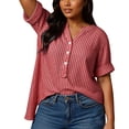 thumbnail image 7 of Ayfxijin Women's V-Neck Button Striped Print Shirt, Short Sleeve Linen Cotton Plus Size Blouse, 7 of 7