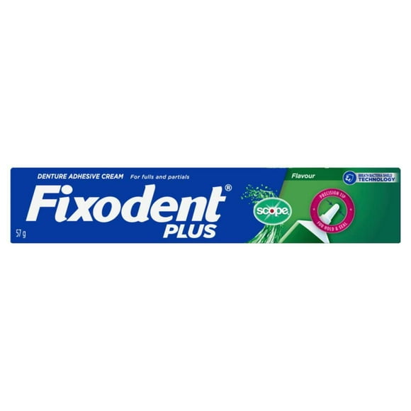 Adhésif sûr pour prothèses Fixodent Plus à saveur de Scope 57g