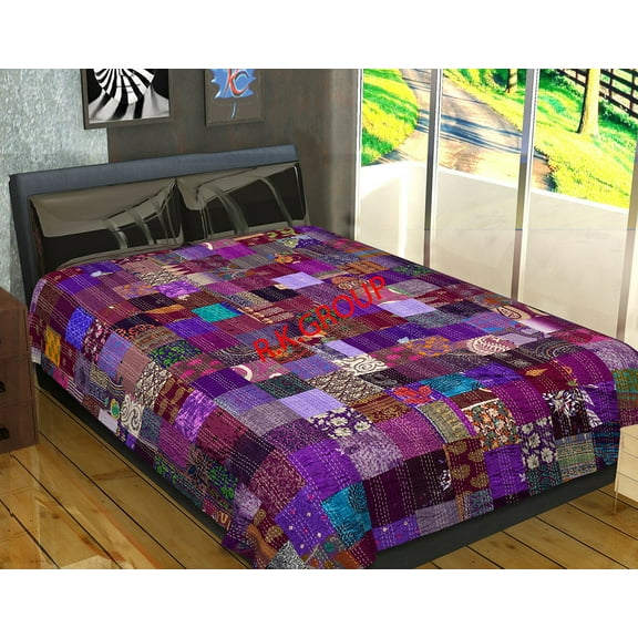 Indian Silk Twin Purple Patola Sari Patchwork Kantha Bedspread Bed Cover BohemianThrows Quilted Reversible Blanket