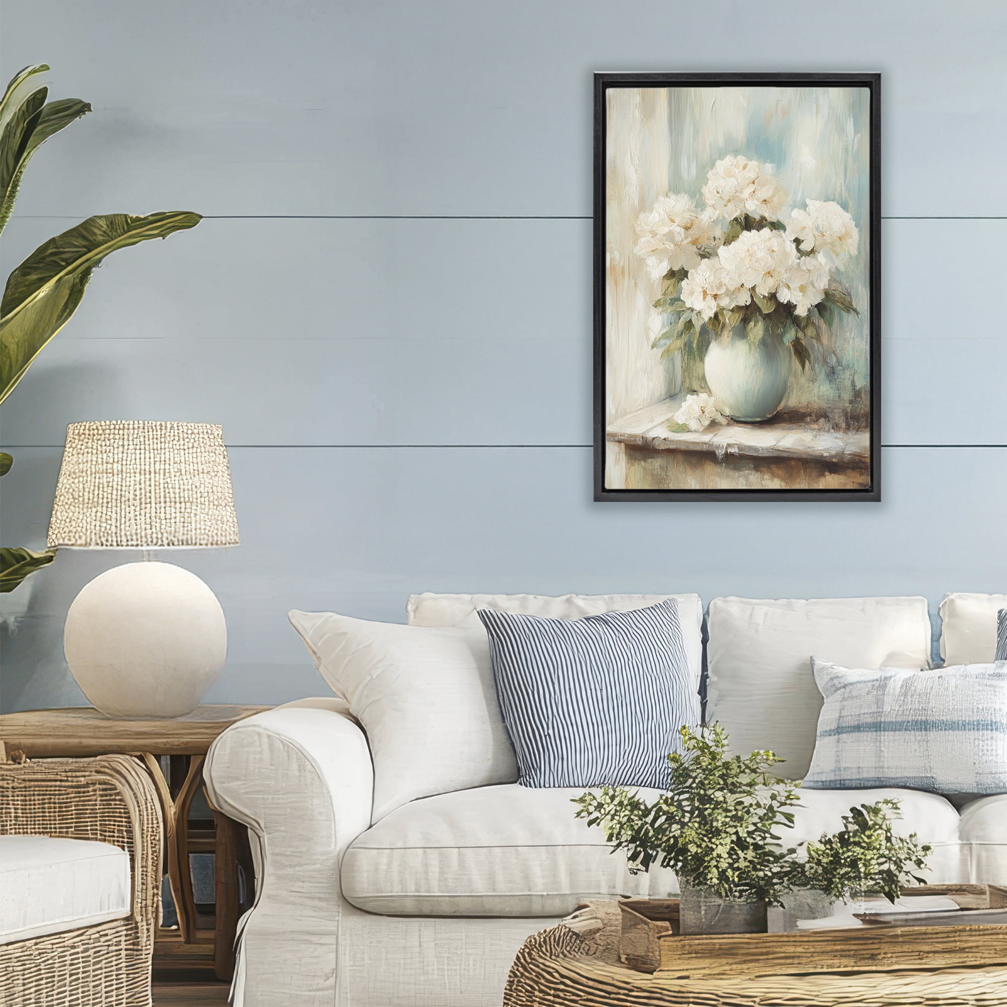 Stupell Industries Mantle Arrangement of Soft Blossoms Black Framed Floater Canvas Wall Art, design by Petal Prints Design
