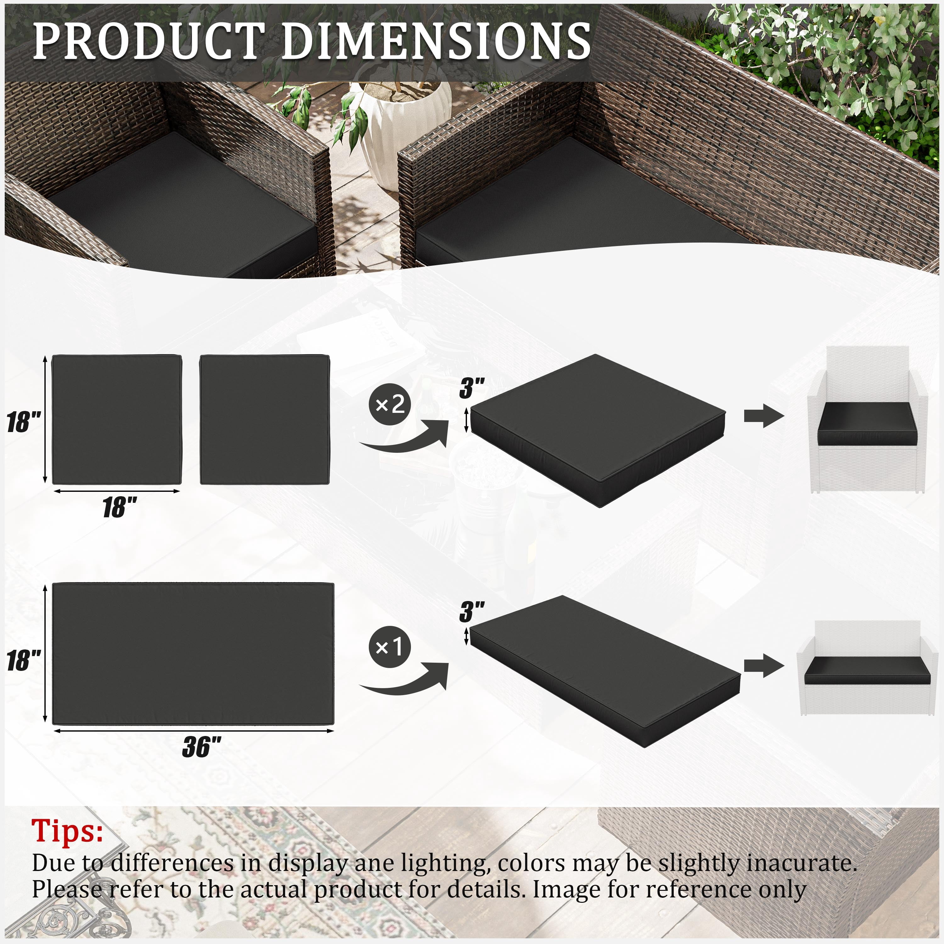 Pakunoda Outdoor All-Weather Patio Loveseat and Chair Seat Cushion Replacement Set of 3, Black
