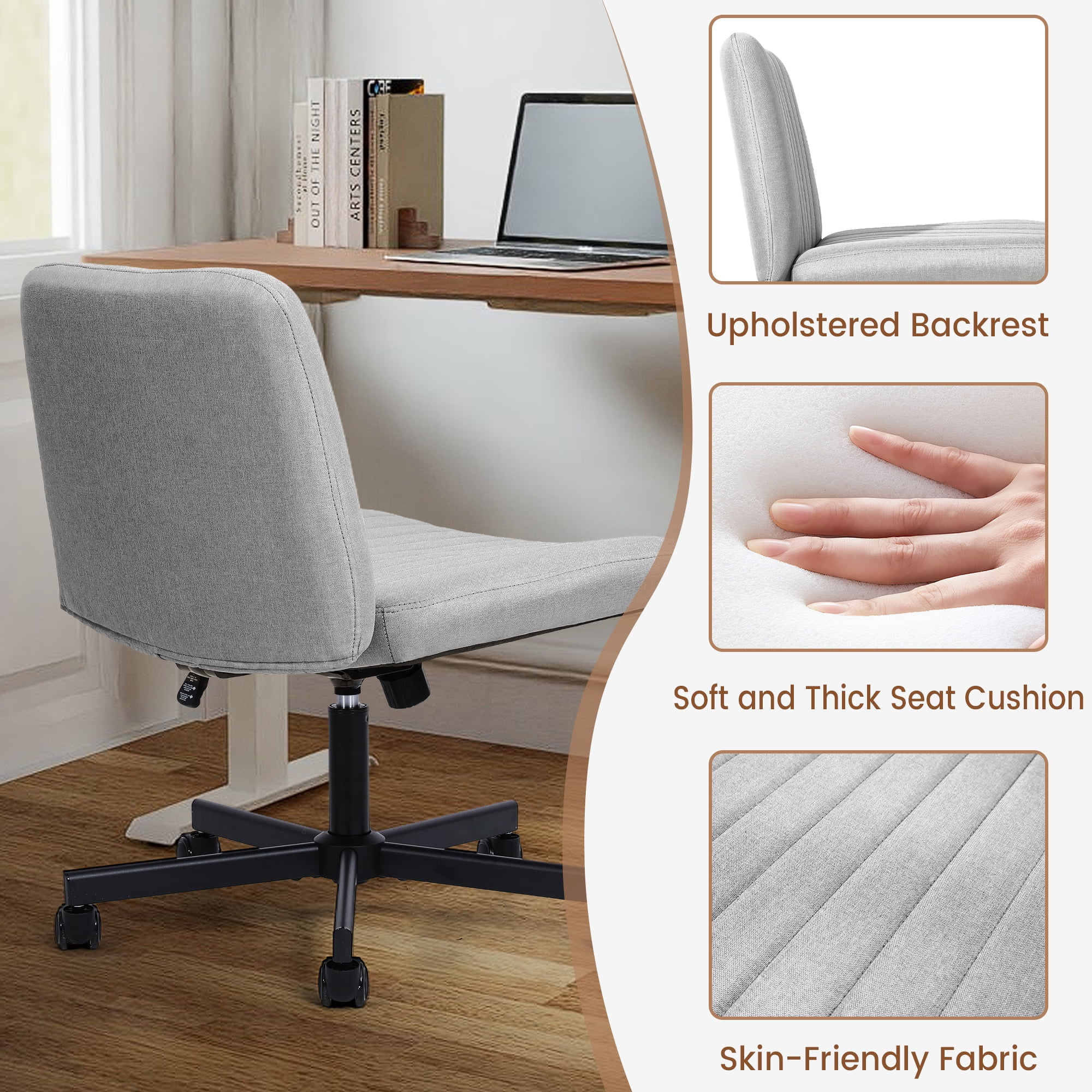 TUAREX Criss Cross Rolling Chair, Wide Seat Armless Office Chair with Wheels, Plus Size Comfort for Desk, Vanity or Bedroom, Grey
