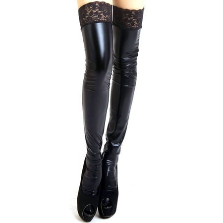 - Lady PU Leather Over Knee Tights Thigh High Long Stockings Anti-skid Lace Socks