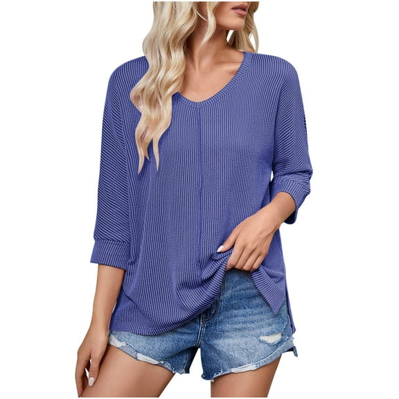 Summer Fashion 3/4 Sleeve T Shirts for Women Plus Size Round Neck Patchwork Lace Sleeves Solid Color