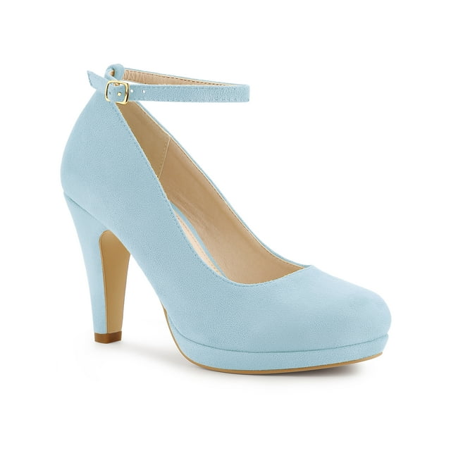BLISSFUL STEP Chaussures pour Femmes Bout Rond Talon Aiguille Bride à la Cheville Escarpins Bleu Ciel 8.5