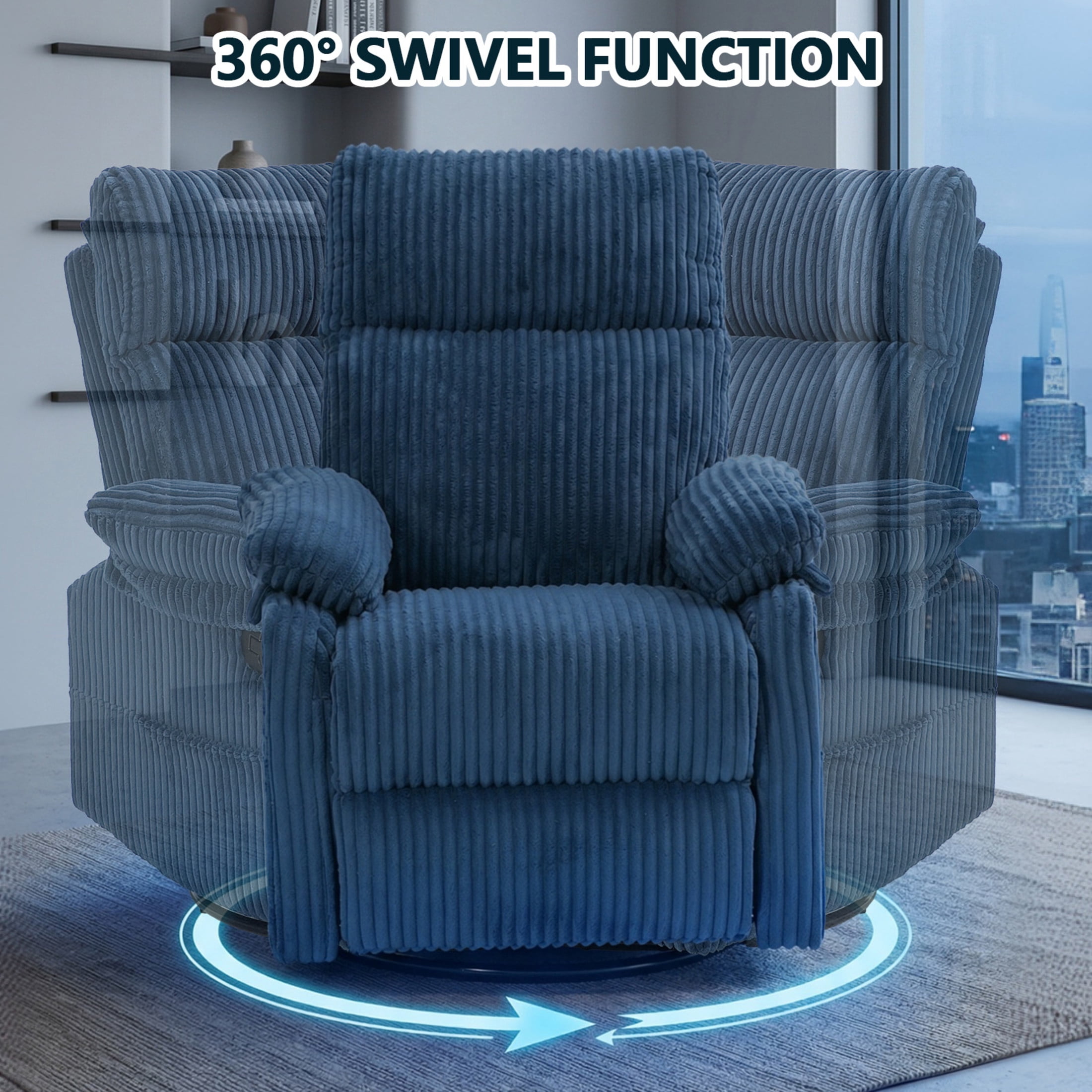 GDF Studio Louisa Compact Rocking Recliner for Nursery & Small Spaces, Modern Corduroy 360° Swivel Chair, Blue