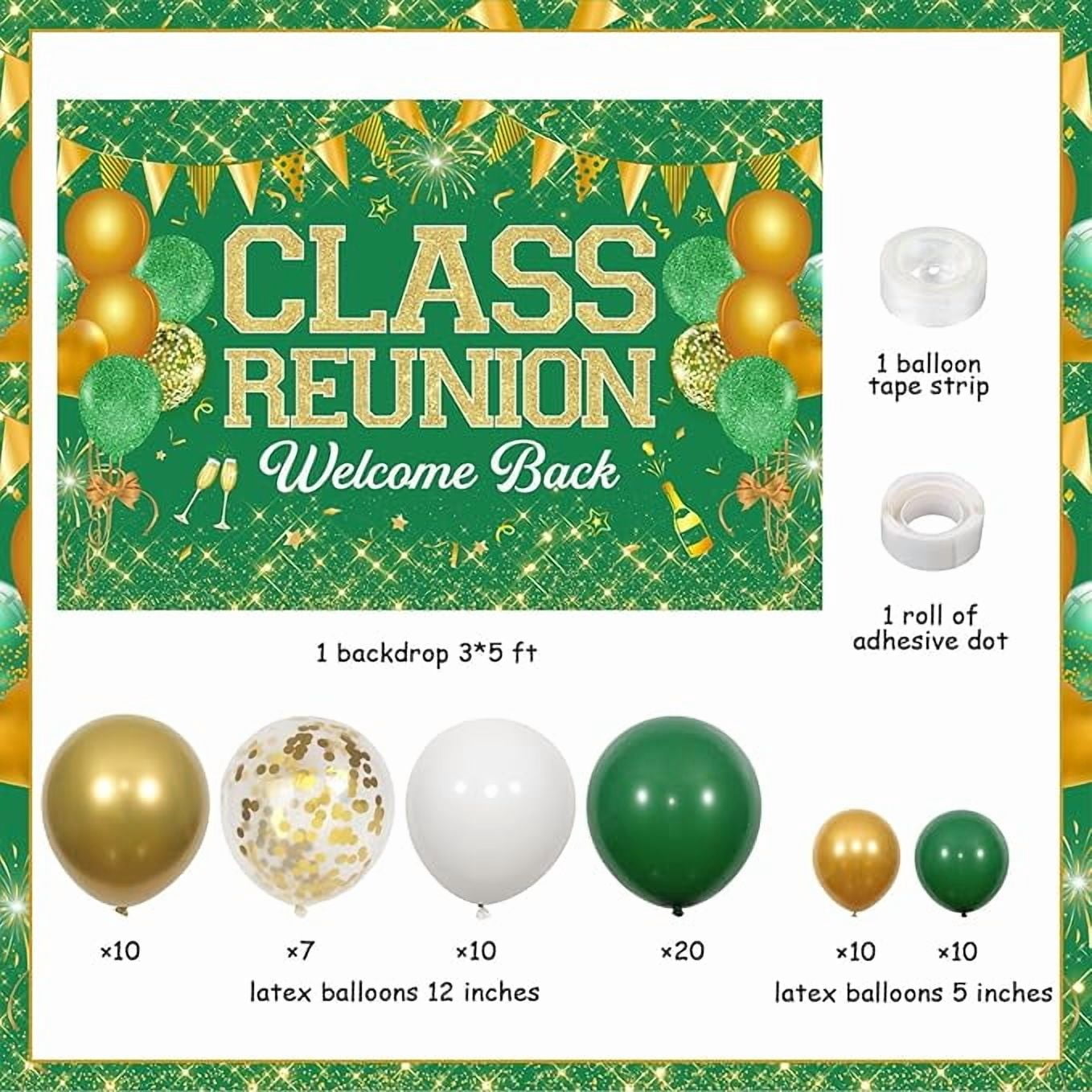 Class Reunion Party Decorations Green and Gold - Balloon Garland Arch Kit with Welcome Back Class Reunion Backdrop, High School Reunion Party Photography Background Supplies