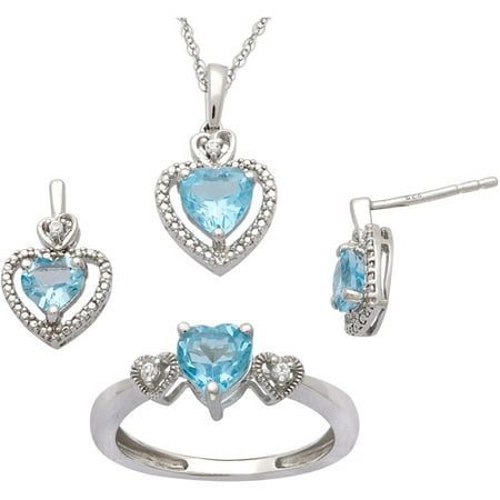 2.94 Carat T.G.W. Blue Topaz and CZ Sterling Silver Heart Pendant, Earrings and Ring Set, Size 7
