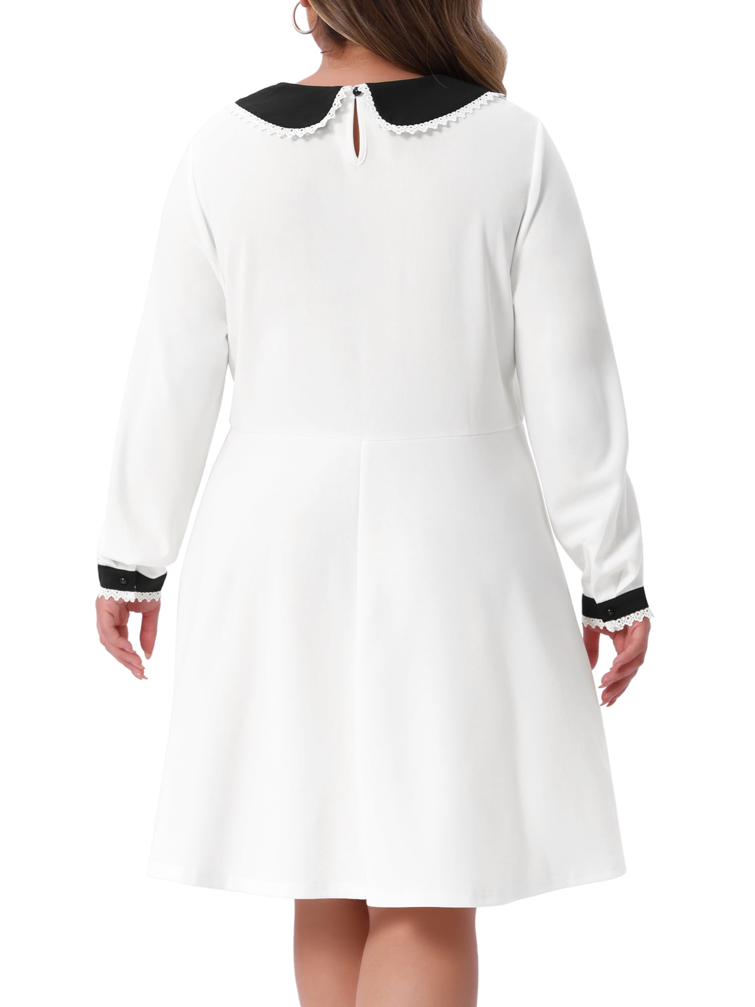 DARING DIVA Women's Plus Size Long Sleeves Collar A-line Midi Dress 1X White