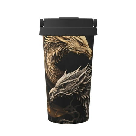 

Xecao Vintage Metal Dragon Pattern Insulated Coffee Mug with Handle & Flip Thermos Mug Water Bottle Coffee Tumbler Cup