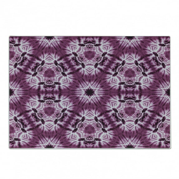 Indonesian Cutting Board, Indonesian Oriental Trippy Motive with Morphing Spotted Murky Shapes Image, Decorative Tempered Glass Cutting and Serving Board, Small Size, Violet White, by Ambesonne