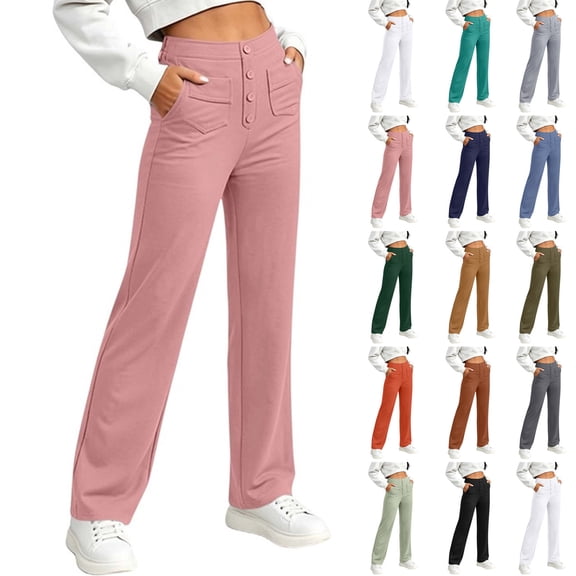 Women Button Decor Elastic High Waist Wide Leg Pants, Loose Casual Solid Trousers, Daily Street Lounge Pants with Side Pockets Pink XL(XL)