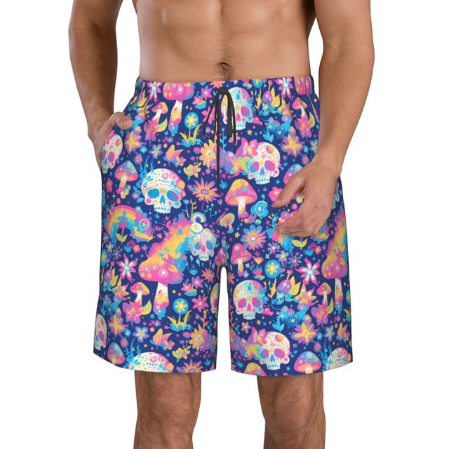 Fotbe mushroom Skull rainbow color Trajes de Baño Estampados para Hombre, Shorts de Verano de Secado Rápido, Ropa de Playa, Bañadores-3X-Large