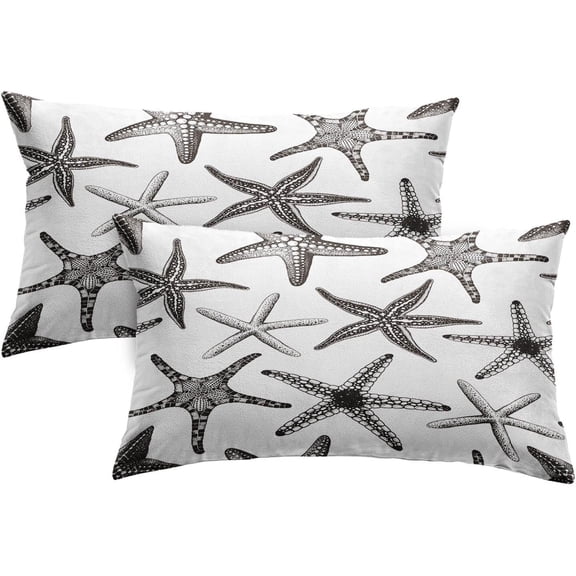 Set of 2 Starfish Throw Pillow Covers Beach Ocean Coastal Black Decorative Pillow Cases Home Decor Rectangle Size 12x20 Inches Summer White Pillowcases
