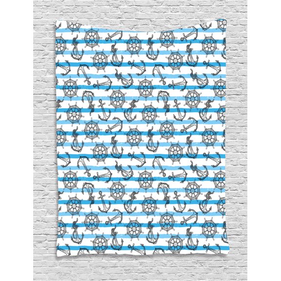Maritime Tapestry, Anchor Steering Wheel Graphic Charcoal Stripes Ropes Illustration, Wall Hanging for Bedroom Living Room Dorm Decor, 60W X 80L Inches, White and Deep Sky Blue, by Ambesonne