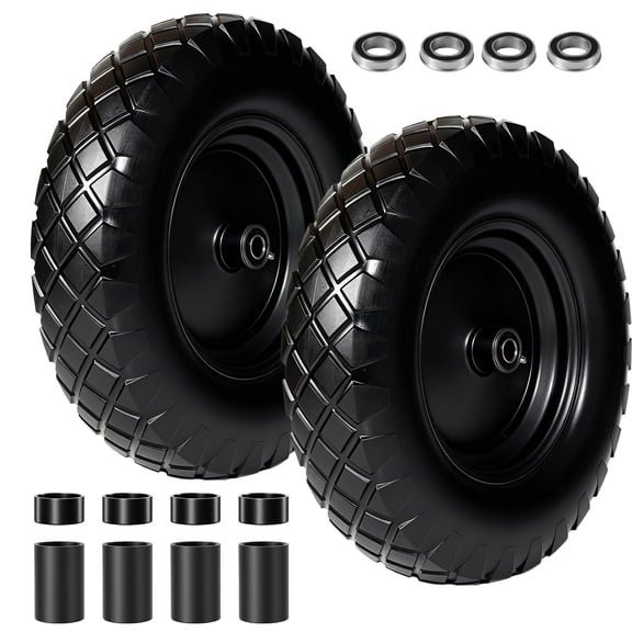 4.80/4.00-8 Flat-Free Solid Wheelbarrow Tire and Wheel, 16" Solid Tire with 5/8" & 3/4" Bearings, 3" Hub for Hand Truck, Garden Cart, Trailer, Trolley, Wagon (Set of 2)