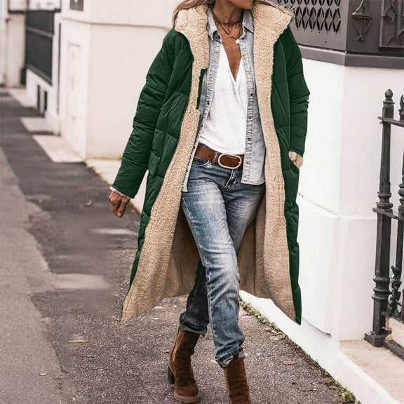 SDNall Women's Reversible Long Padded Coat, Double Sided Zip Front Hooded Winter Jacket with Pockets