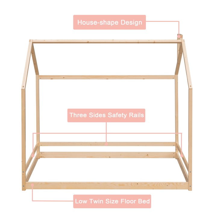 Bellemave Wood Twin House Bed Frame, Montessori Floor Bed for Teen (Natural)