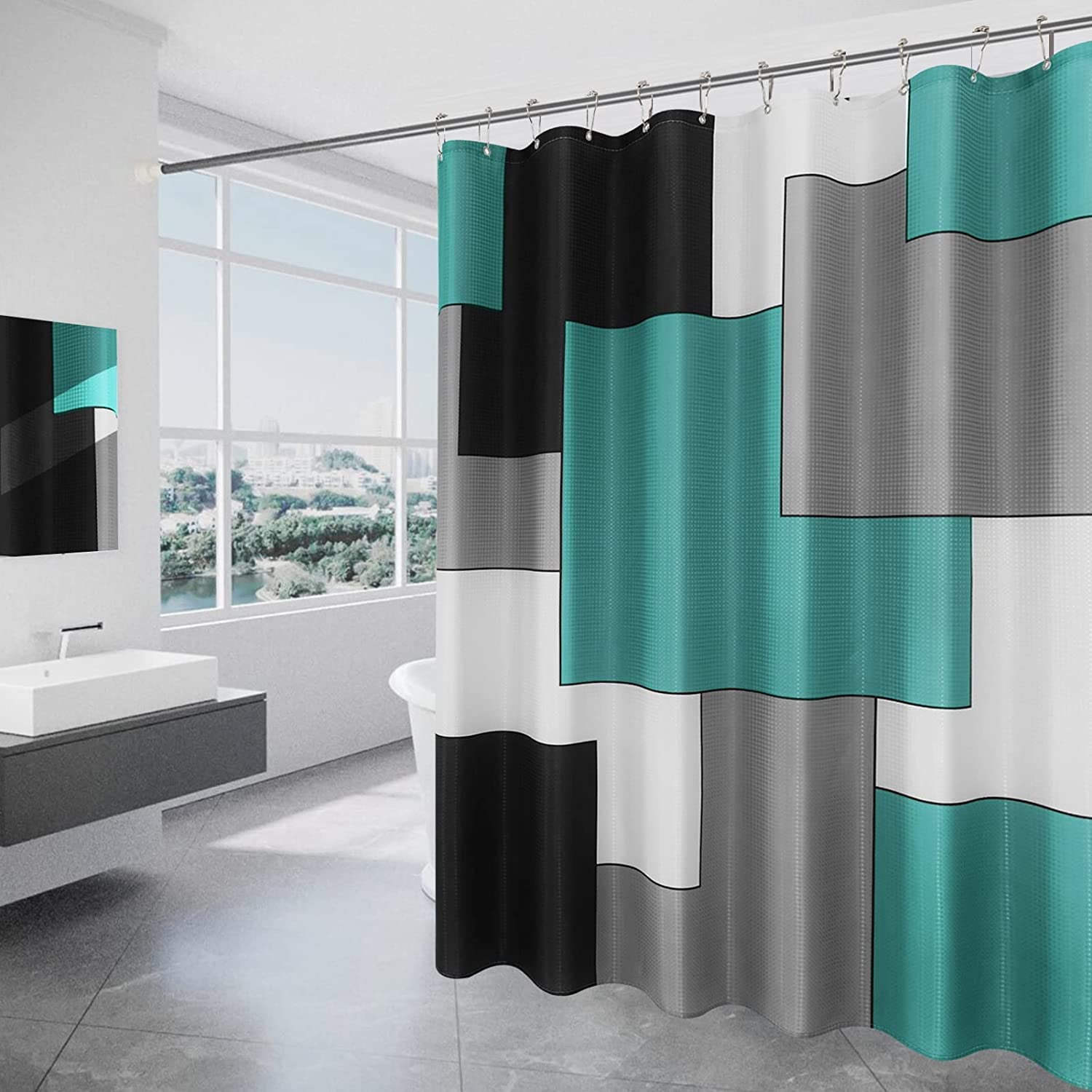 Modern Aqua Shower Curtain Teal Geometric Black Gray 72"x72" Shower