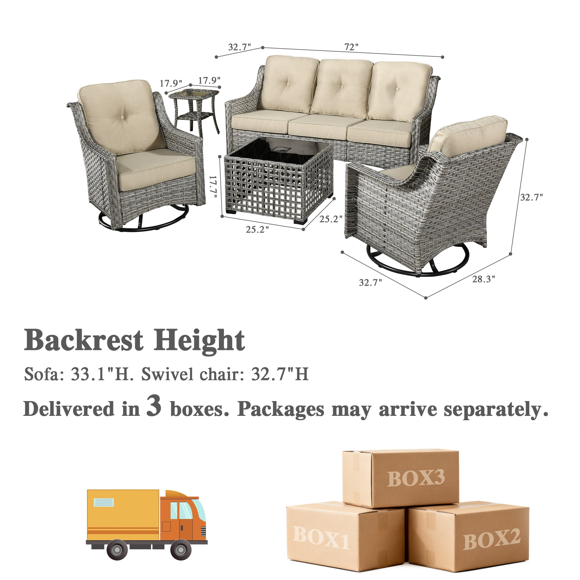 Ovios 5 Pieces Outdoor Patio Furniture Set High-Back Rattan Wicker Conversation Set Outdoor Sectional with Swivel Chairs & Solar Light Coffee Table, Beige