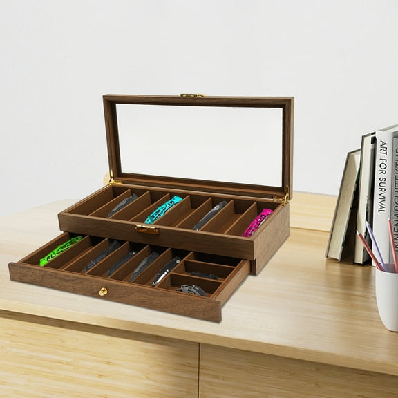 2-Tier Knife Storage Box with Glass Lid & Lock | Premium Walnut Design for Kitchen, EDC, and Collectible Knives | Compact, Safe, and Stylish Knife Organizer | Dust-Proof & Scratch-Resistant