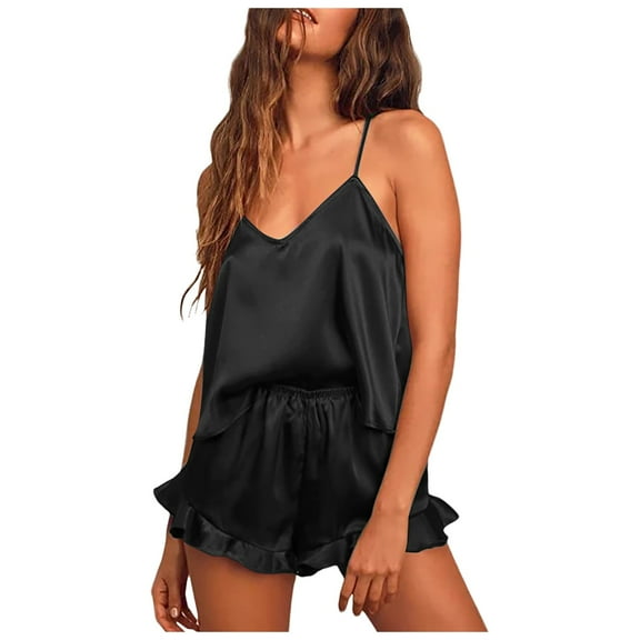 RMGVDSD Satin Pajama Set For Women Silk Pajamas Sexy V Neck Camisole Top And Shorts With Ruffle Sleepwear Set Business Casual Dressy Outfit