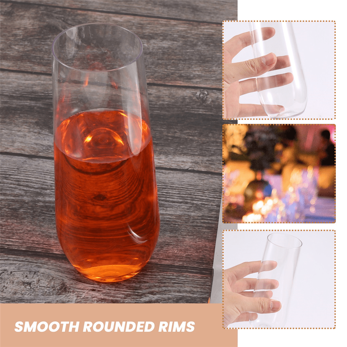 24 Stemless Plastic Champagne Flutes - 9 Oz Glasses Clear Unbreakable Toasting Disposable for Wedding Or