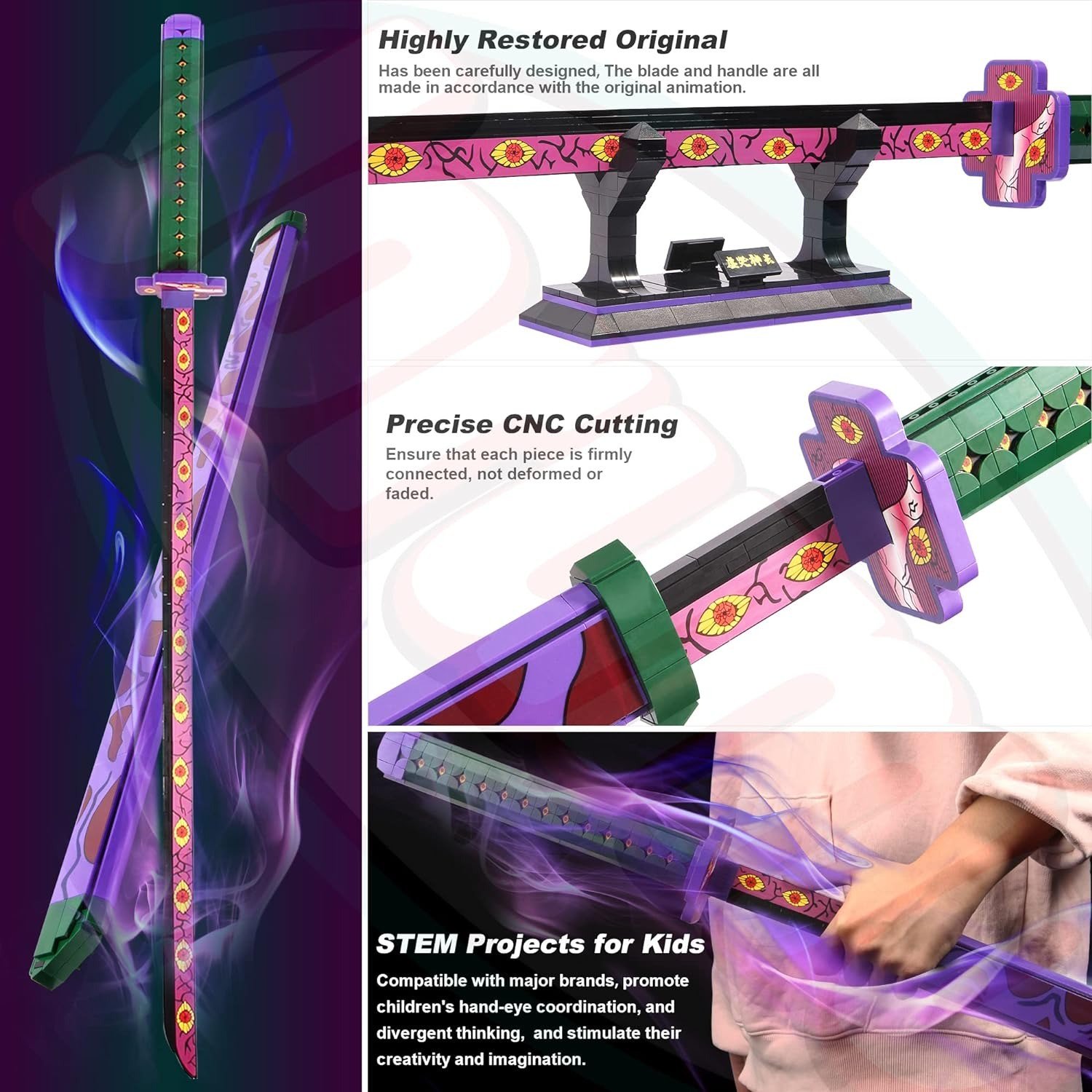 Demon Slayer Sword, with Scabbard and Stand, Cosplay Anime Katana Sword Building Blocks with Lego, Collectible Gifts for Kids and Adults