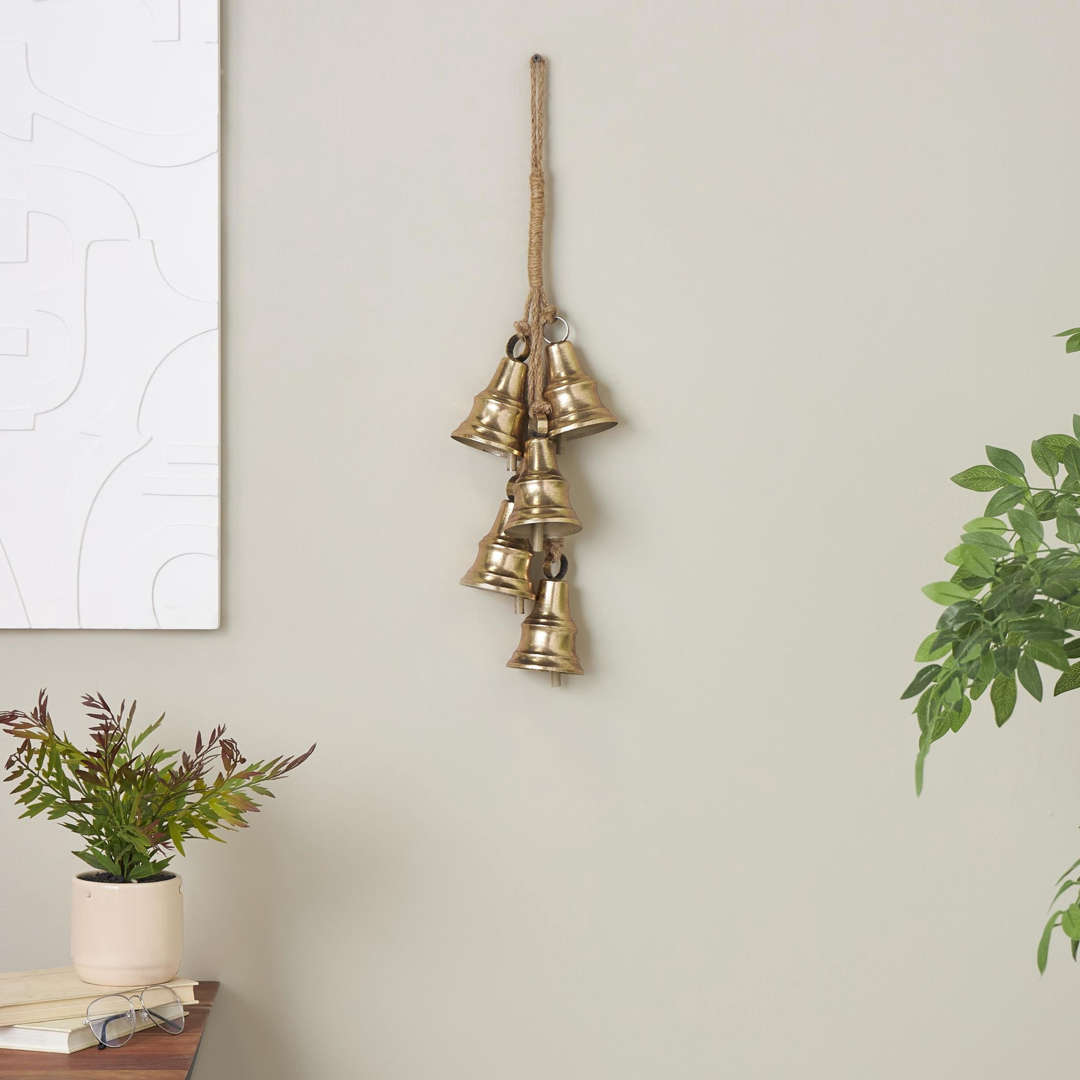 DecMode Tibetan Inspired Cascading Cluster Gold Metal Cluster Decorative Bells with 5 Bells on Jute Hanging Rope