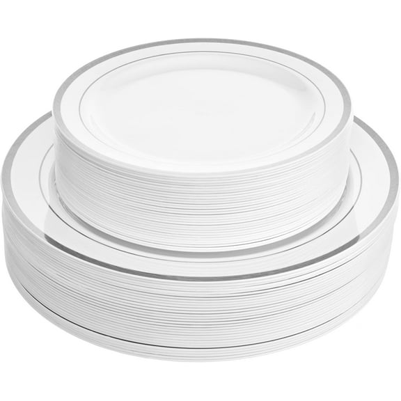 Aya's 60 Silver Rimmed Plastic Plates AFN1for Party, Heavy Duty Disposable Plate Set of 30 Dinner and 30 Dessert Plates for Weddings and Special Events, Fancy Disposable Tableware