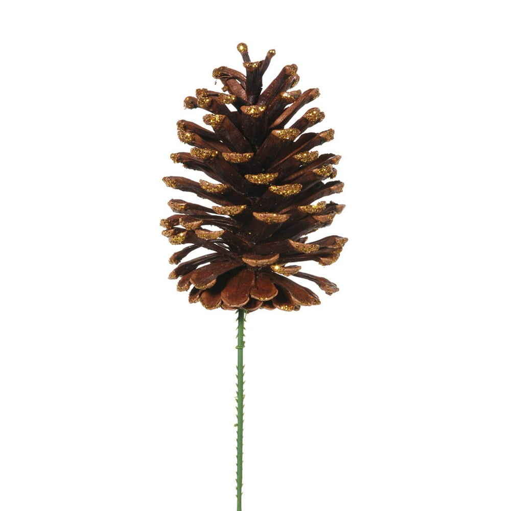 Christmas Floral Pine Cone Pick Natural with Gold Glitter Large