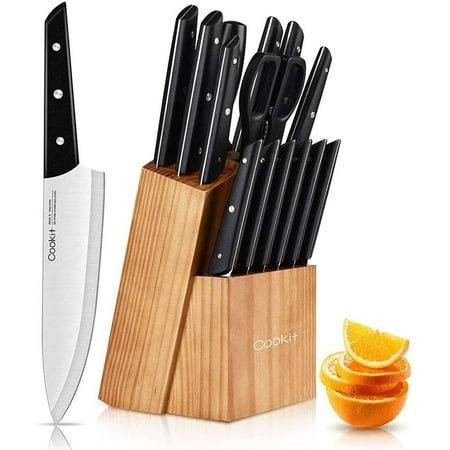 

RLCEGAL Knife Set with Block Cookit 15 Pieces Kitchen Knife Set with Pine Block Holder Knife Block Set with Sharpener High Stainless Steel Knives with Comfortable-Grip ABS Handles