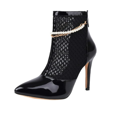 

Ladies Sandals Fashion Summer Comfortable Solid Color Leather Mesh Splice Pointed Cool Boots Back Zipper Thin High Heel Sandals Party Shoes Footwear