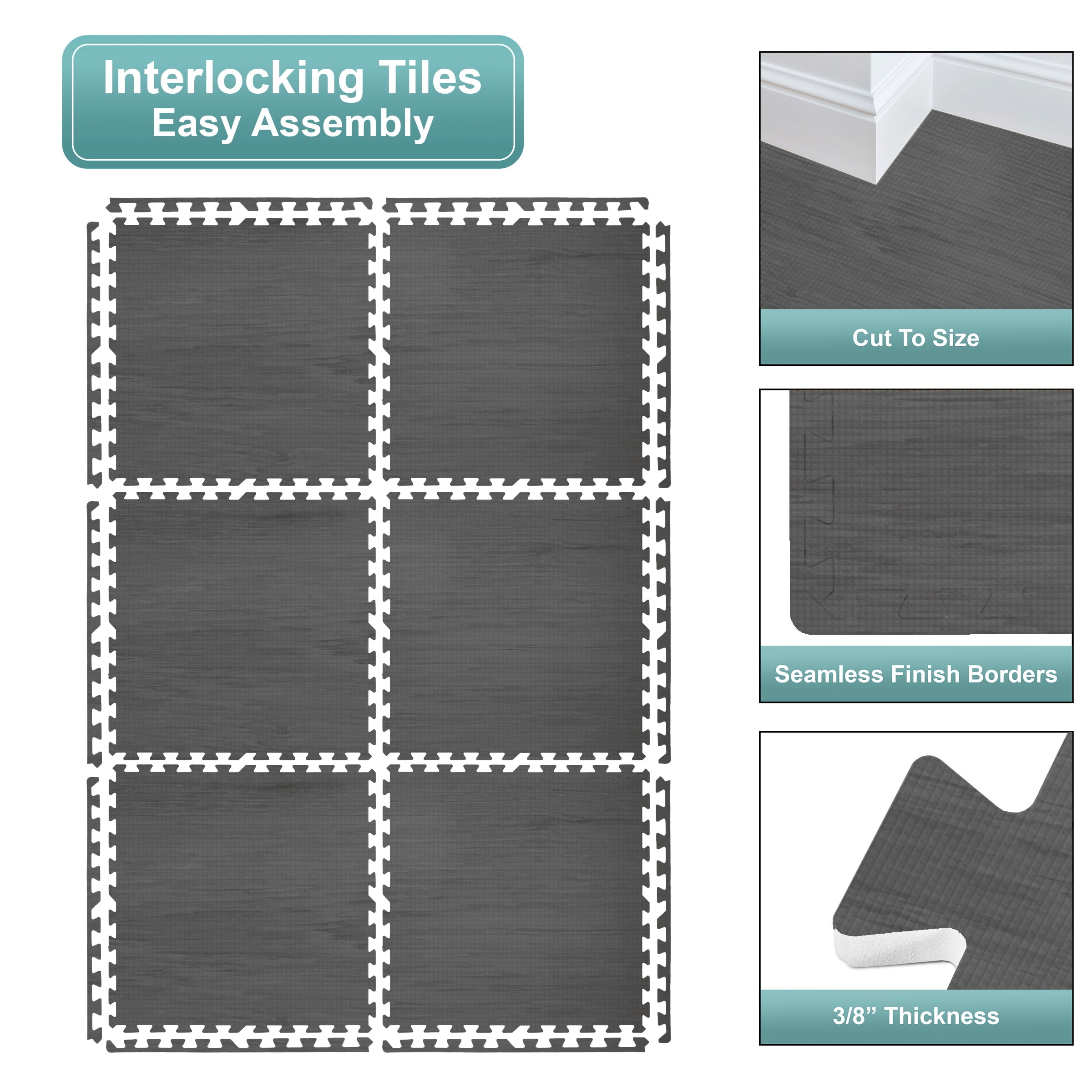 Sorbus Waterproof Wood Grain Foam Floor Tiles, 30 Tiles, 120 Sq Ft, Interlocking, Carbon