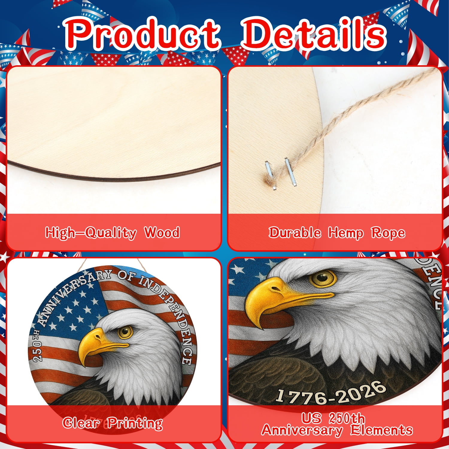 USA 250th Anniversary Door Wreath Hanging Door Sign, 250 Years of Independence Eagle 1776 2026 Patriotic Home Decor ,4th of July Decor