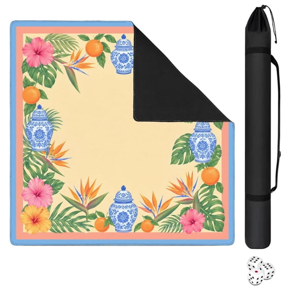 Mahjong Mat with Carrying Bag 31.5" x 31.5" Non-Slip Noise Reduction Cream Tropical Floral Chinoiserie Border Table Mat for Mahjong Poker Dominoes Card Board Tile Games