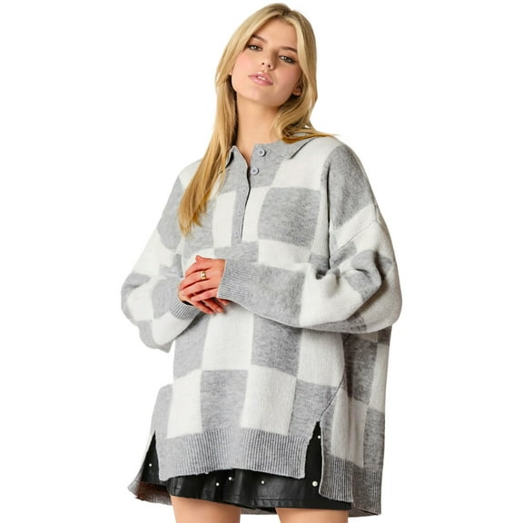 Plus Size Gray Checkered Pattern Button Polo Collar Split Sweater for Women | [ZhiHiMeRi] | 1X