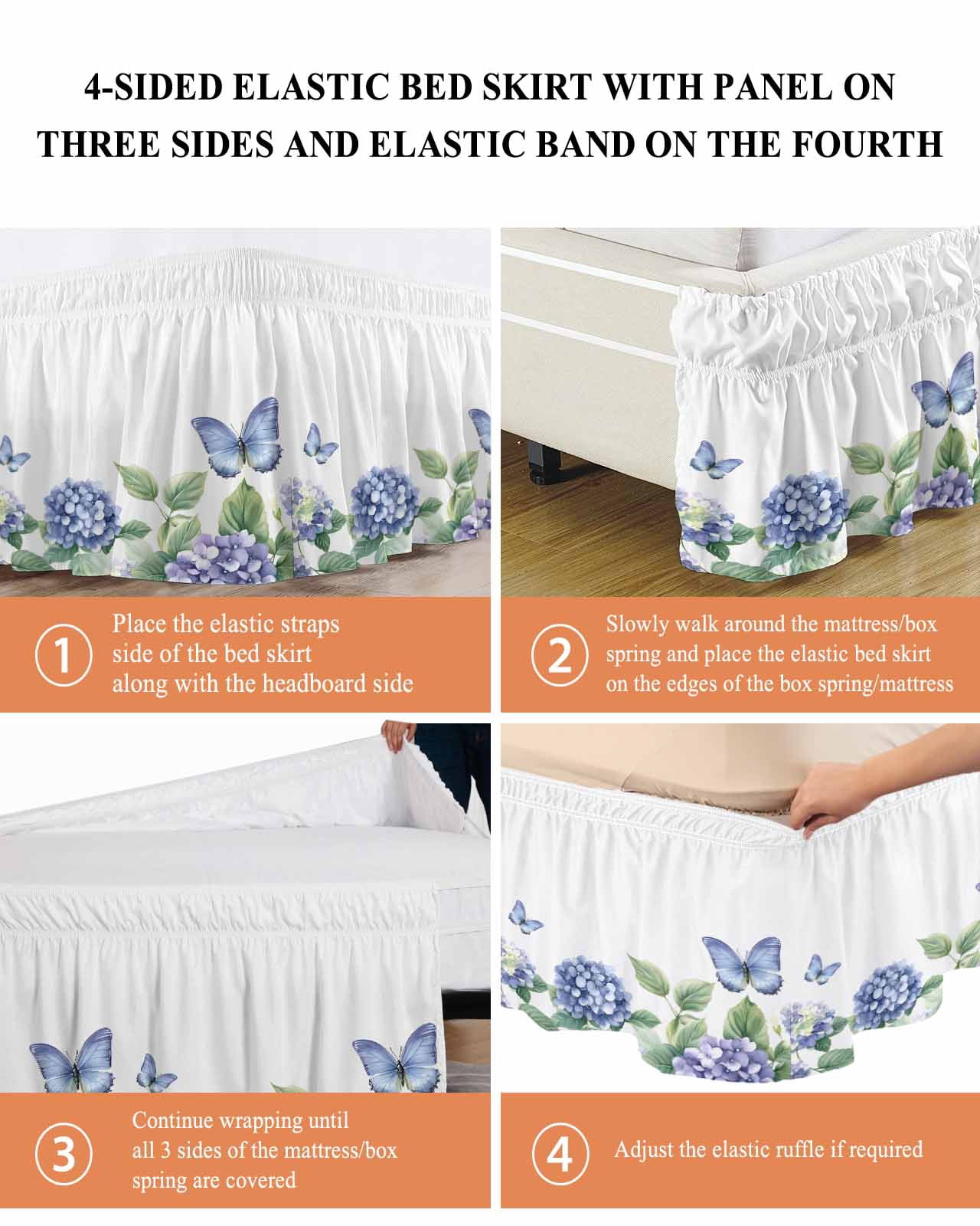 Flower Butterfly Wrap Around Bed Skirts for King Bed 18" Drop, Bed Skirt with Adjustable Elastic Belt Dust Ruffle Bed Valance for Bedroom Hotel Luxury Blue Purple Watercolor Wilflower Bed Frame Cover