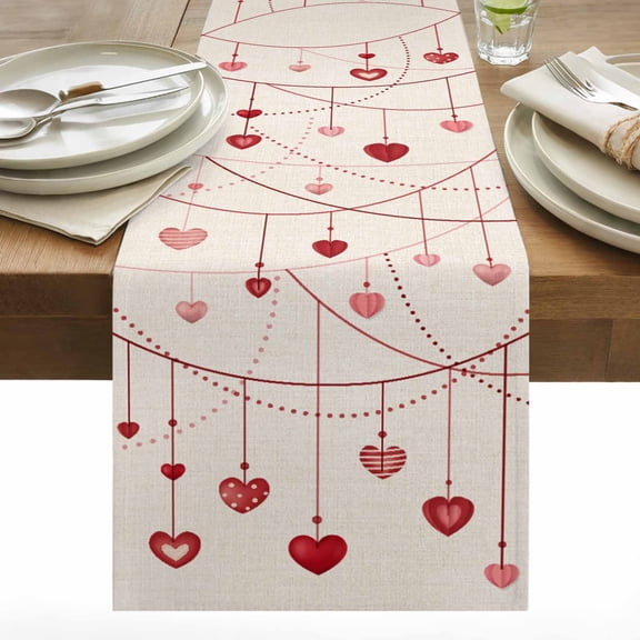 Valentine's Day Table Runner 13x72 inch Red and Pink Love Heart Retro Linen Cotton Linen Dining Table Runner Ideal for Dresser Kitchen Coffee Tables - Machine Washable