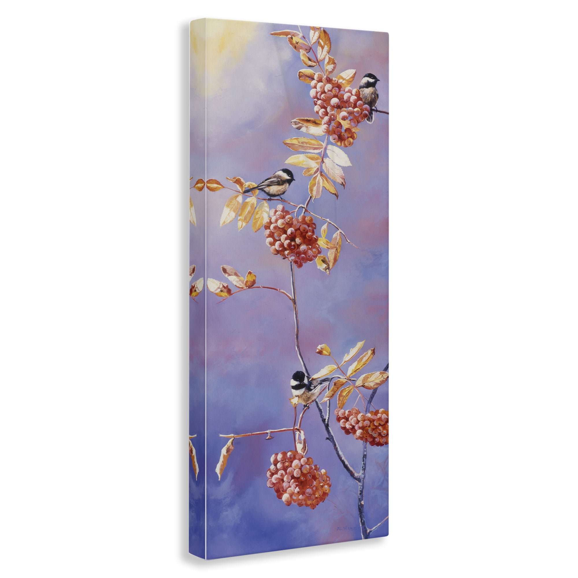 Stupell Industries Chickadees & Mountain Ash Plants & Flowers Painting Wrapped Canvas Art Print Wall Art, 13 x 30