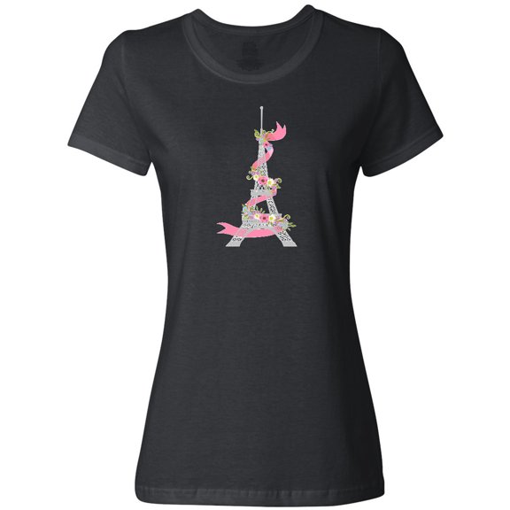 Inktastic Eiffel Tower in Paris with Flowers and Pink Banner Women's T-Shirt