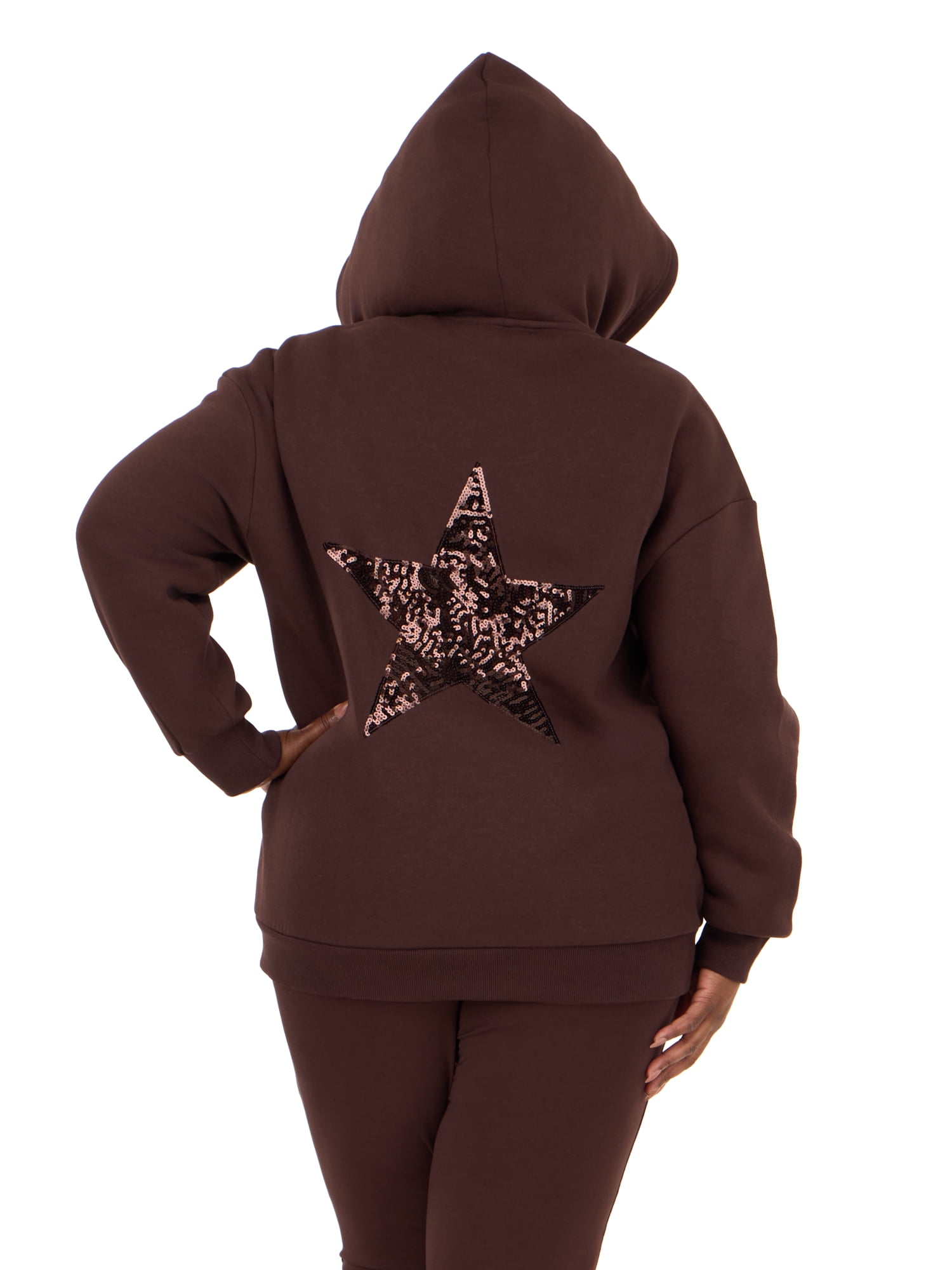 Forever 21 Women's Fleece Zip Up Hoodie with Front and Back Graphic Detail, Relaxed Fit Sweatshirt Jacket, Casual Everyday Layering Style, Brown, XXS-4X