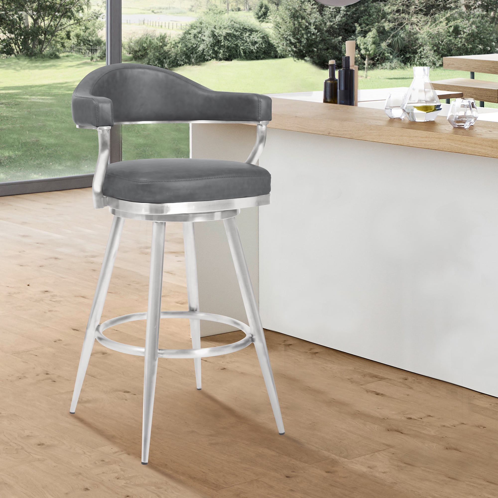 Armen Living Indoor Amador 26" Counter Height Barstool in Brushed Stainless Steel and Vintage Gray Faux Leather