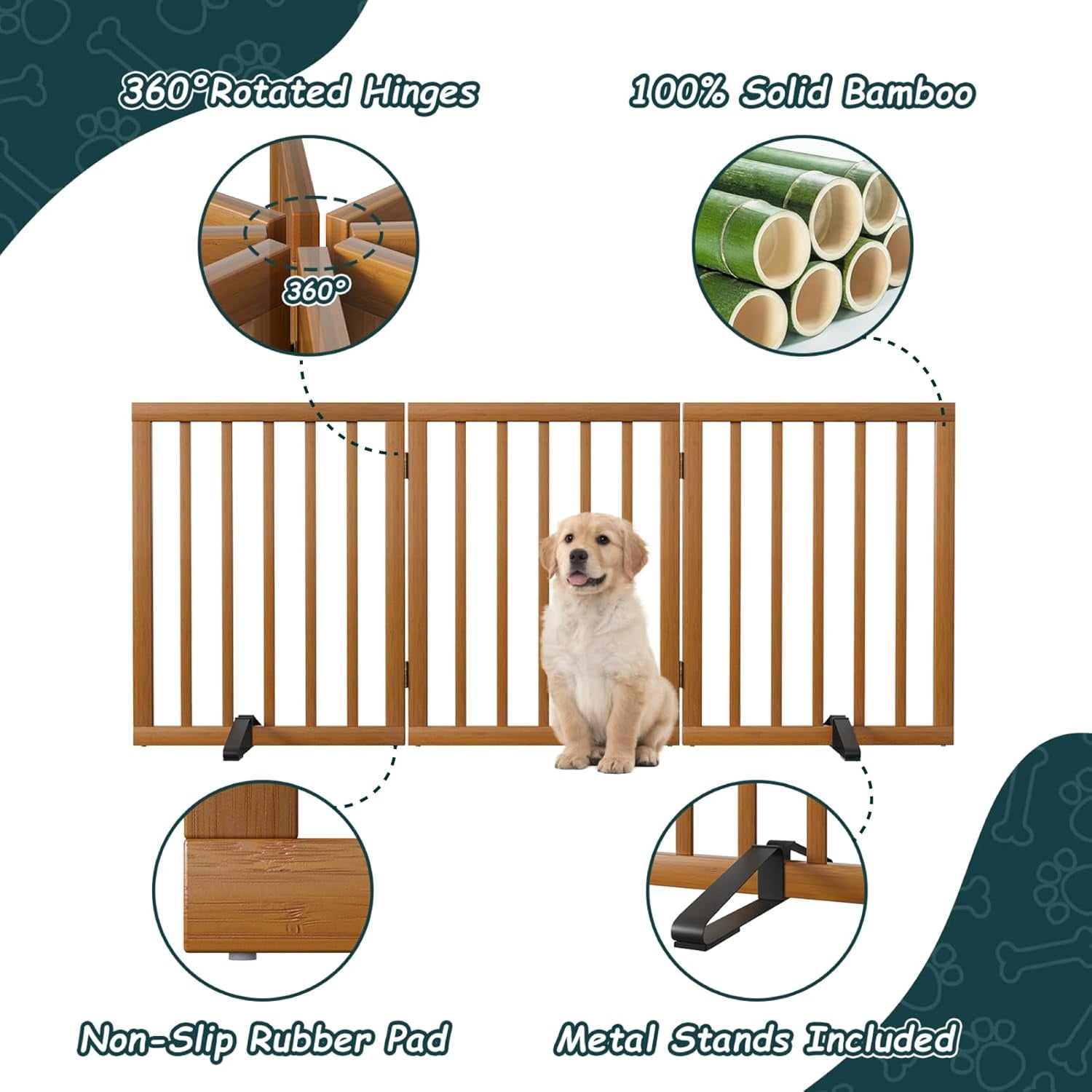 Freestanding Dog Gate 24“Tall, Walnut Foldable Dog Gates for Doorways Stairs Indoor, Wooden 3 Panels Pet Gates for Dogs with 2 Metals Stands, Fully Assembled Door Gates Fences