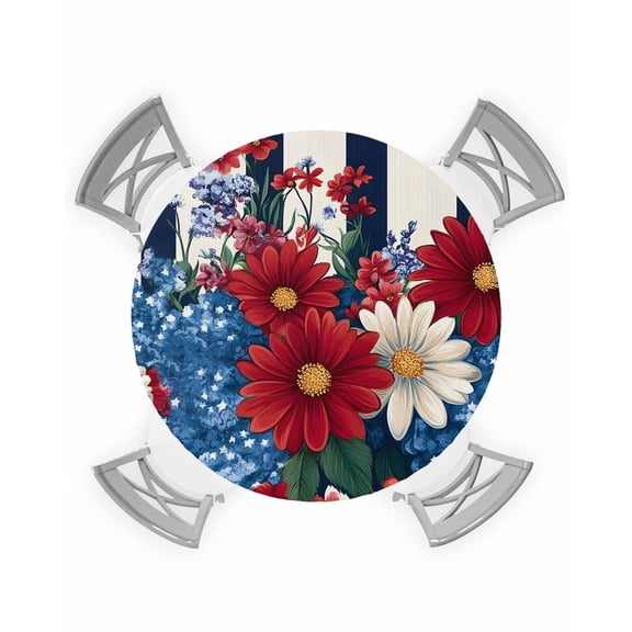 nqOlkjepod Red White Floral Round Tablecloth, Fitted Table Cover with Elastic for 55"-60" Round Tables, Blue Botanical Black Striped Spring Table Cloth Outdoor Dinning Party Waterproof Tablecloths