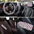 thumbnail image 4 of HUIACONG Pink Leopard Print Car Seat Cover Full Set with Steering Wheel Cover Coasters Seat Belt Pads Armrest Cover Headrest Cover Keychain,14 Pcs Auto Accessories for Women Interior,Easy to Install, 4 of 8