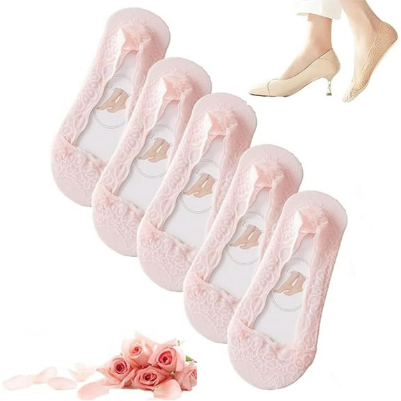 Pleteffect Socks, Lace No Show Liner Socks for Women, 5 Pairs Casual Lace Low Cut Liner Boat Non-Slip S-ocks(5* Pink)