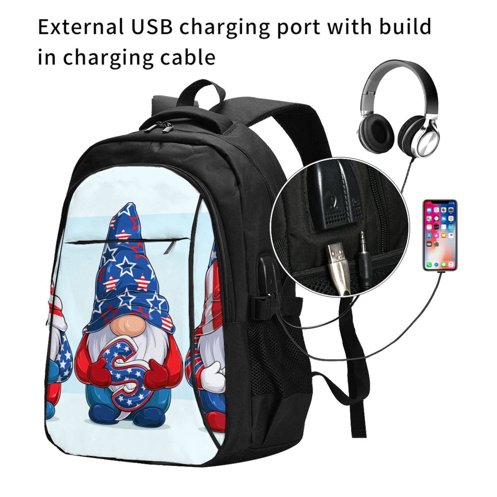 Xecao Cute Gnomes in USA1 for Travel Laptop Backpack, USB-Charging-Enabled, Spacious Business Backpack for Men and Women,College School Computer Bag