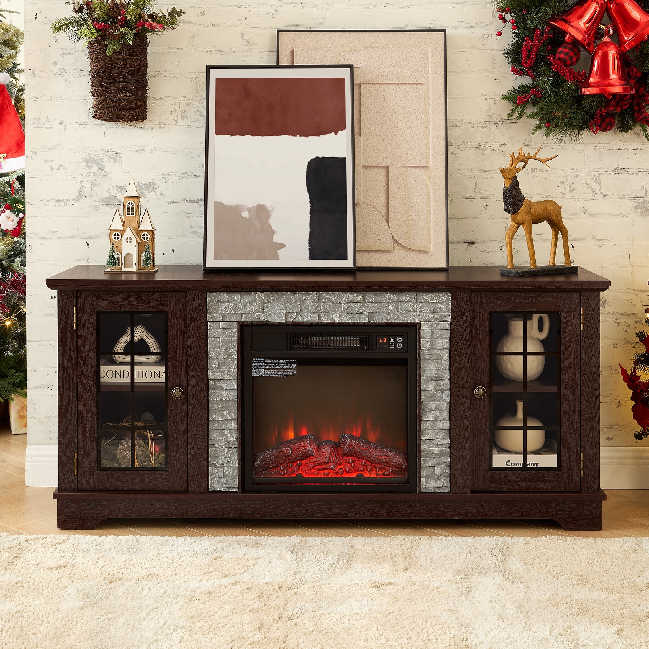 Electric Fireplace TV Stand for 65″ TVs, UHOMEPRO Fireplace Entertainment Center TV Console Table with 18″ Fireplace, 2-Door Storage Cabinets, Holds up to 200 lbs, Cherry